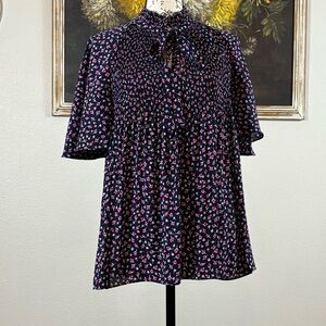 Lauren Ralph Lauren Sz Large Black Floral Crinkle Short Sleeve Blouse